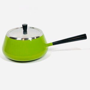 60s Olive Green Enamel Fondue Pot and Lid Midcentury Modern Sleek Cookware